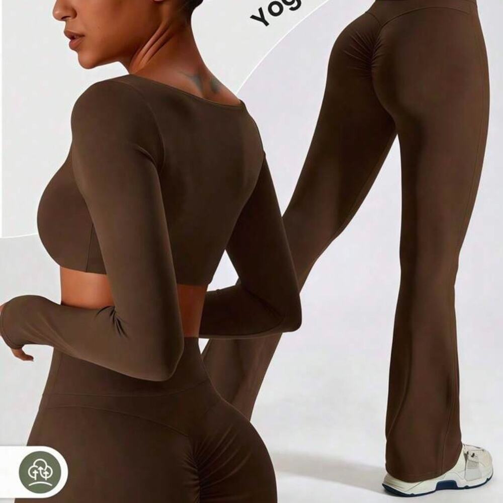 Tan Long Sleeve Crop Top and Leggings - Picture 2 of 7